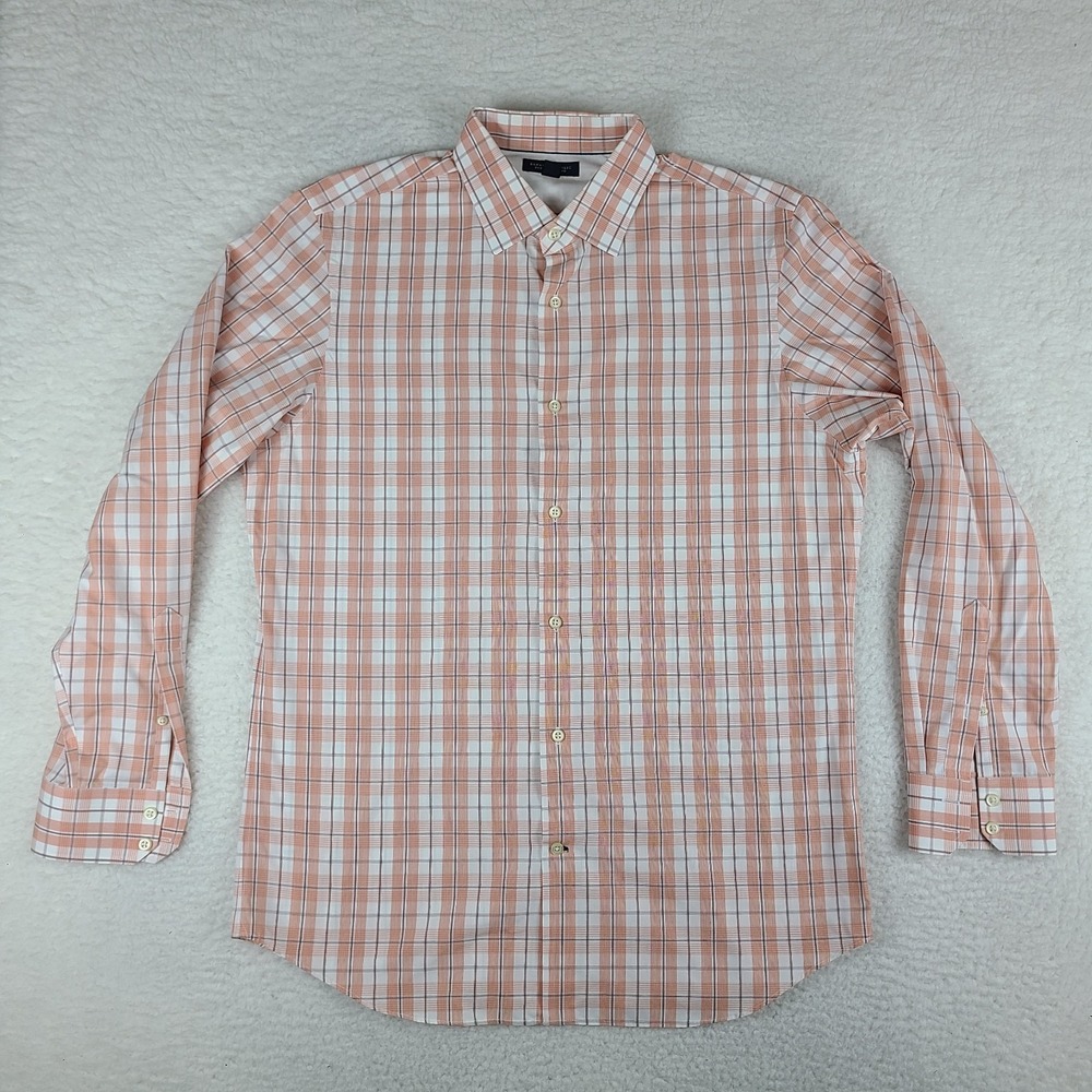 Banana Republic Dress Shirt Mens Large Salmon Plaid Non Iron‎ Slim Fit Button Up